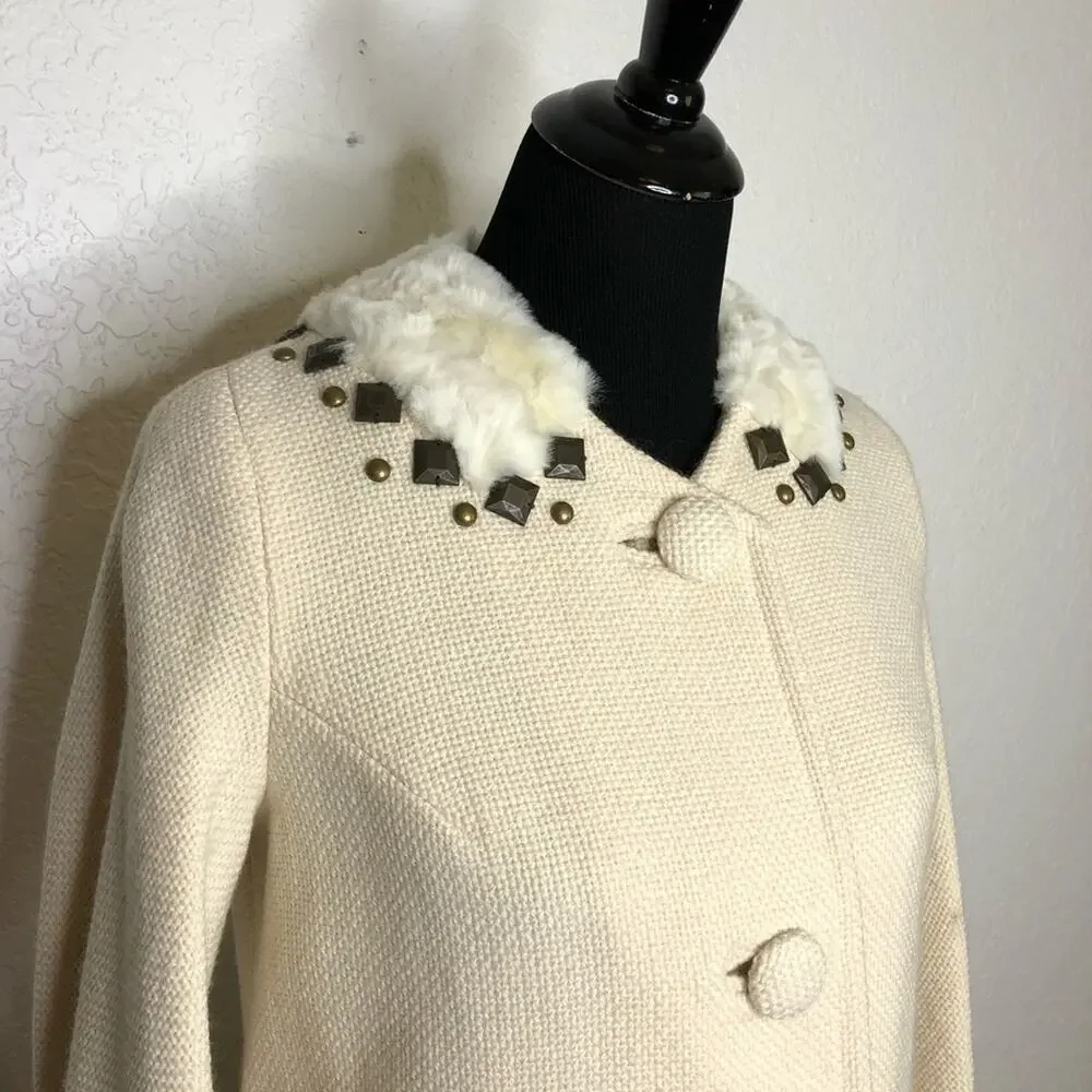 Rebecca Taylor cream tweed fur studded collar wool blend blazer size 6